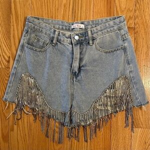 La Ros Rhinestone Fringe Cutoff Denim Jean Shorts High Rise 30” Sz S Beyonce